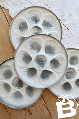 4 assiettes à huîtres vintage Moulin des Loups faïence dégradé bleu gris
