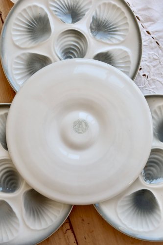 4 assiettes à huîtres vintage Moulin des Loups faïence dégradé bleu gris