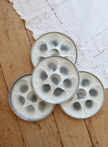 4 assiettes à huîtres vintage Moulin des Loups faïence dégradé bleu gris