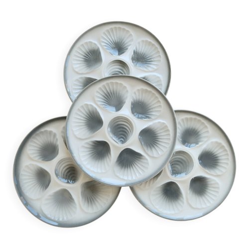 4 assiettes à huîtres vintage Moulin des Loups faïence dégradé bleu gris
