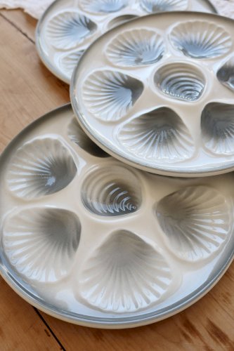4 assiettes à huîtres vintage Moulin des Loups faïence dégradé bleu gris