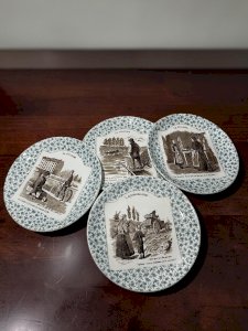 4 assiettes anciennes U&C Sarreguemines – Cyclisme, Automobilisme, Canotage – Assiettes parlantes – Fin XIXe début XXe