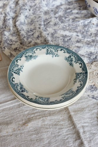 4 assiettes creuses antiques Moulin des Loups Lavallière  - Liseré fleuri -