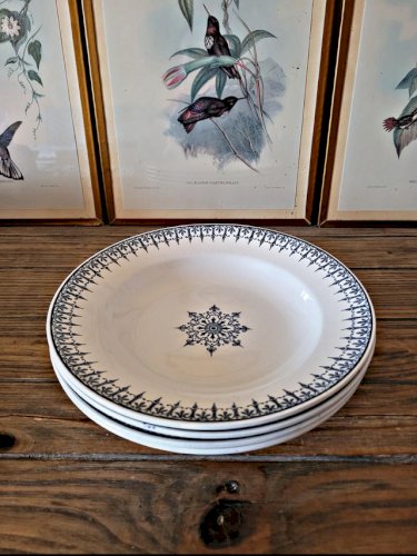 4 assiettes creuses Saint Amand, service Primax en terre de fer bleue, début 1900