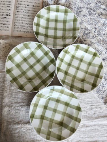 4 assiettes creuses vintage en faïence Moulin Des Loups modèle Nappe vert