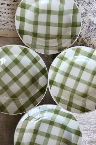 4 assiettes creuses vintage en faïence Moulin Des Loups modèle Nappe vert