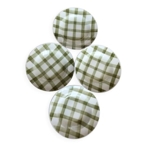 4 assiettes creuses vintage en faïence Moulin Des Loups modèle Nappe vert