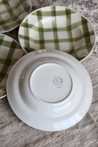 4 assiettes creuses vintage en faïence Moulin Des Loups modèle Nappe vert