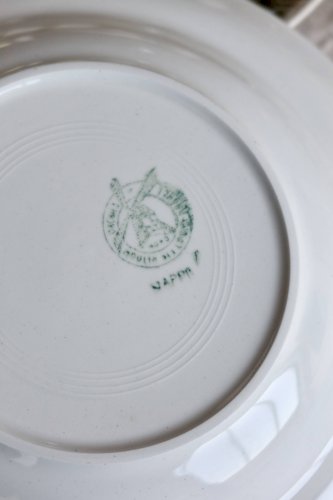 4 assiettes creuses vintage en faïence Moulin Des Loups modèle Nappe vert