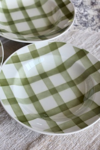 4 assiettes creuses vintage en faïence Moulin Des Loups modèle Nappe vert