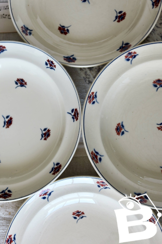 4 assiettes creuses vintage Moulin des Loups - Faïence ivoire décor fleuri