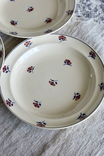4 assiettes creuses vintage Moulin des Loups - Faïence ivoire décor fleuri