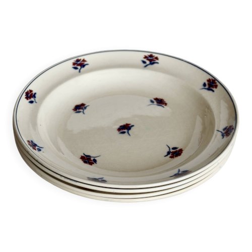 4 assiettes creuses vintage Moulin des Loups - Faïence ivoire décor fleuri
