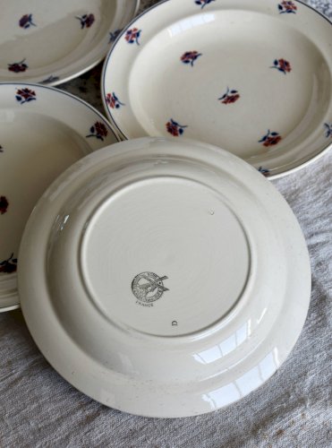 4 assiettes creuses vintage Moulin des Loups - Faïence ivoire décor fleuri