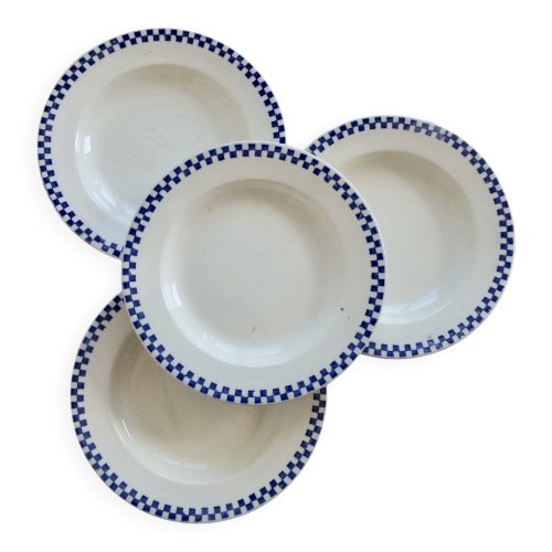 4 assiettes plates anciennes terre de fer Salins – Modèle Damier