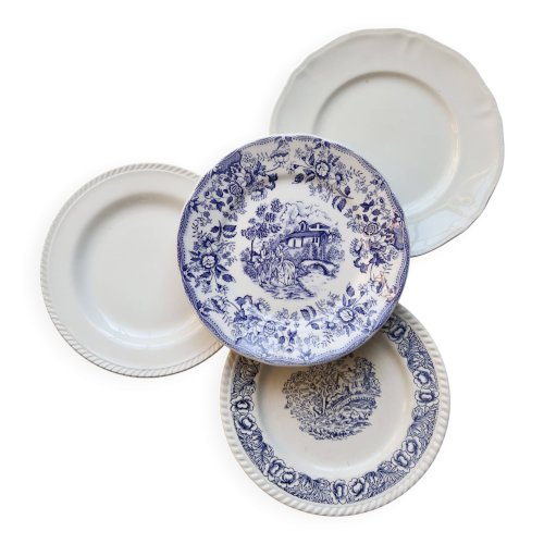 4 assiettes plates vintage dépareillées faïence bleue blanche - Lot Bristol