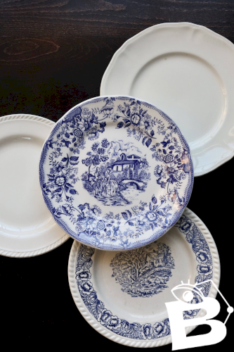 4 assiettes plates vintage dépareillées faïence bleue blanche - Lot Bristol