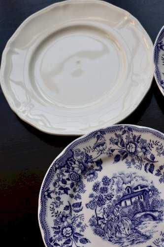 4 assiettes plates vintage dépareillées faïence bleue blanche - Lot Cambrid
