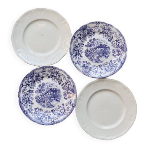 4 assiettes plates vintage dépareillées faïence bleue blanche - Lot Cambrid