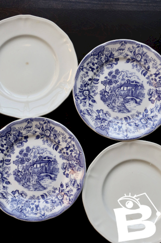 4 assiettes plates vintage dépareillées faïence bleue blanche - Lot Cambrid