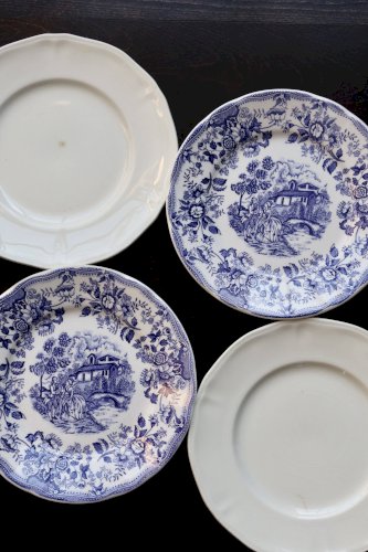 4 assiettes plates vintage dépareillées faïence bleue blanche - Lot Cambrid