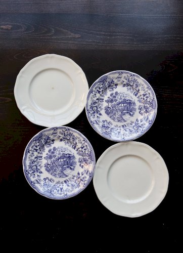 4 assiettes plates vintage dépareillées faïence bleue blanche - Lot Cambrid