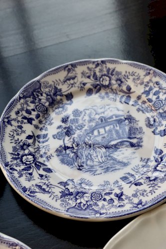 4 assiettes plates vintage dépareillées faïence bleue blanche - Lot Cambrid