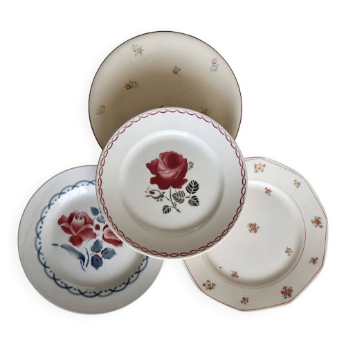 4 assiettes plates vintage dépareillées motif fleuri - Lot Rosa