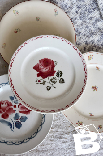 4 assiettes plates vintage dépareillées motif fleuri - Lot Rosa