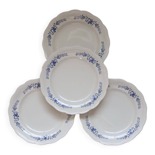 4 assiettes plates vintage en faïence banche et bleue - Décor fleuri