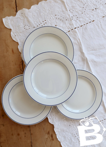 4 assiettes plates vintage porcelaine Pyroblan Sarreguemines - Liseré bleu