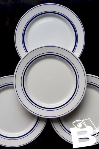 4 assiettes plates vintage style bistrot porcelaine bleue blanche