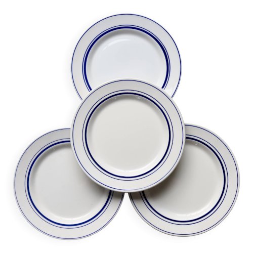 4 assiettes plates vintage style bistrot porcelaine bleue blanche