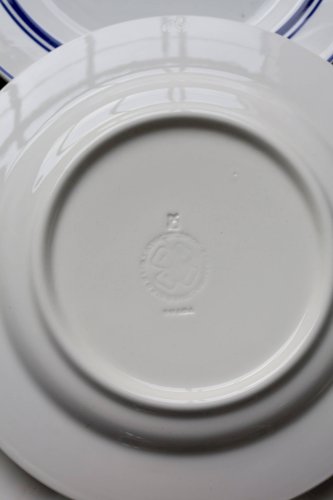 4 assiettes plates vintage style bistrot porcelaine bleue blanche