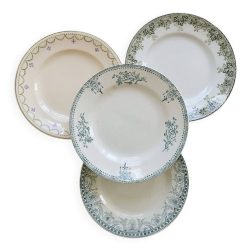 4 assiettes plates vintage terre de fer dépareillées - Tons verts