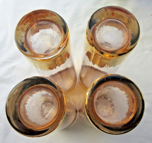 4 beaux verres tubulaires à orangeade ou à cocktail, peints à l'or fin, Art Déco