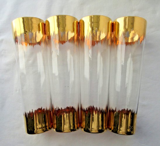 4 beaux verres tubulaires à orangeade ou à cocktail, peints à l'or fin, Art Déco
