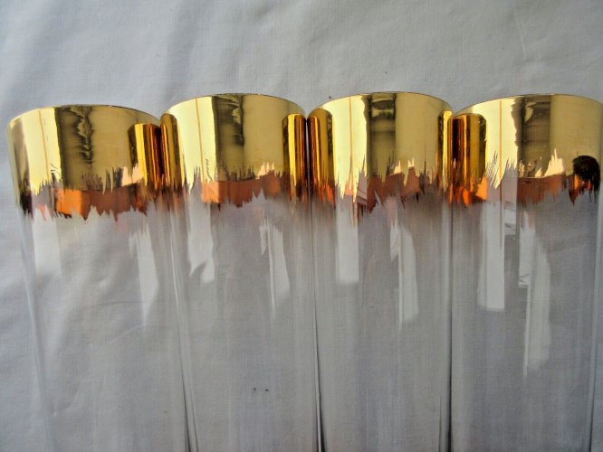 4 beaux verres tubulaires à orangeade ou à cocktail, peints à l'or fin, Art Déco