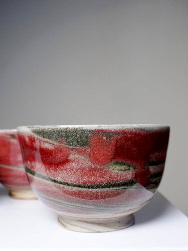 4 Bols à thé/riz japonais grès mêlé émaillé marbré rouge