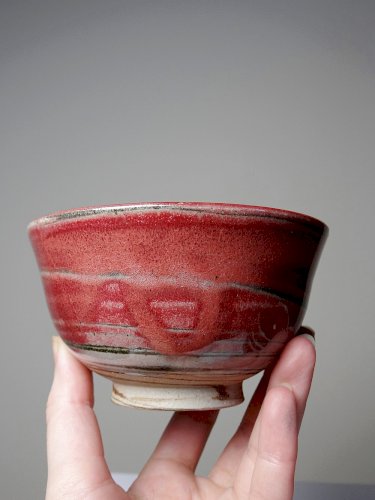 4 Bols à thé/riz japonais grès mêlé émaillé marbré rouge