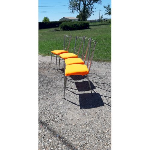 4 Chaises Vintage Chrome et Tissus Orange