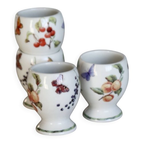 4 coquetiers vintage porcelaine – Motifs fruits & papillons
