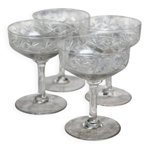 4 coupes à champagne vintage en cristal taillé – Décor étoilé