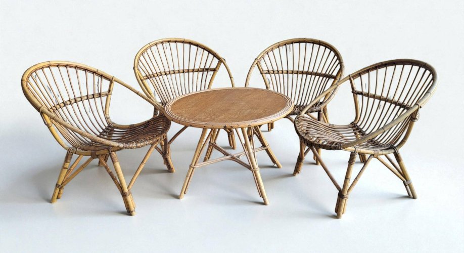 4 fauteuils coquille en rotin 1960s