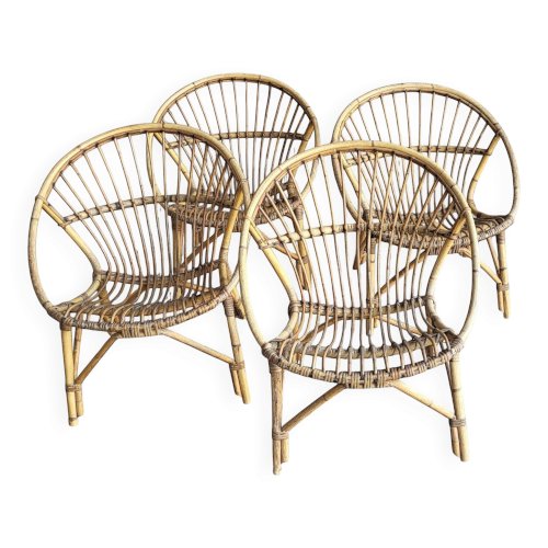 4 fauteuils coquille en rotin 1960s