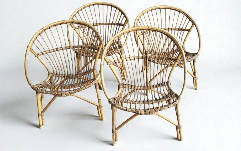 4 fauteuils coquille en rotin 1960s