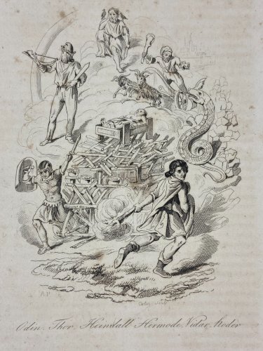 4 Gravures début XIXe représentant Odin Thor Heindall Hoder Hippolyte Adonis