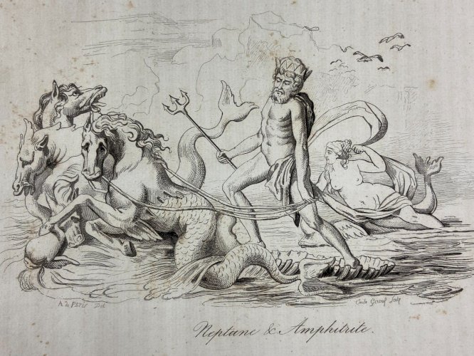 4 Gravures début XIXe représentant Polyphême Achille et Hector Bacchus Neptune