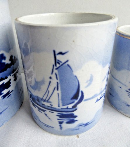 4 pots Art Déco, service à fumeur bleu Delft: moulin, voilier, port, pyrogène