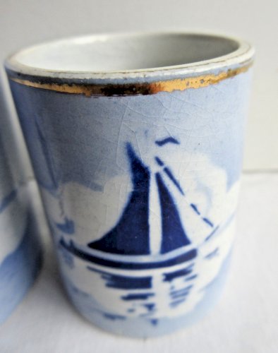 4 pots Art Déco, service à fumeur bleu Delft: moulin, voilier, port, pyrogène